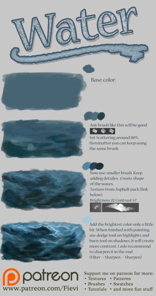 _ 2 Digital painting tutorial on creating water textures using brushes, layers, and shading techniques. Access more resources on Patreon. | Sky Rye Design Digital painting tutorial on creating water textures using brushes, layers, and shading techniques. Access more resources on Patreon.