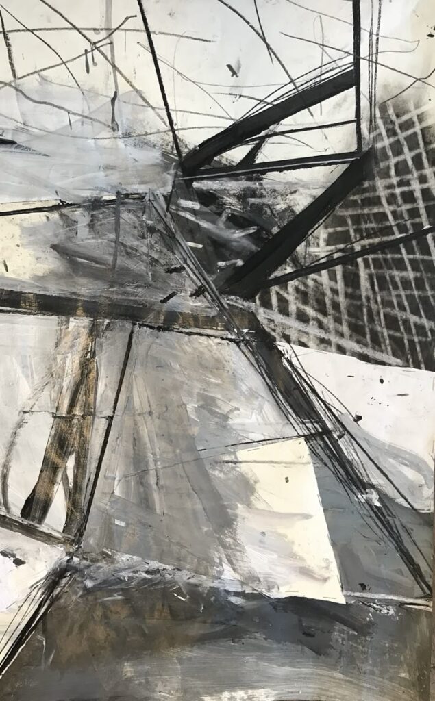 Abstract black and white painting with dynamic lines and geometric shapes, evoking movement and depth in a textured composition.