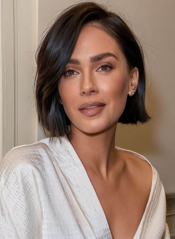 _ 2 Portrait of a woman with short dark hair, wearing a white textured top, looking at the camera with a slight smile. | Sky Rye Design Portrait of a woman with short dark hair, wearing a white textured top, looking at the camera with a slight smile.