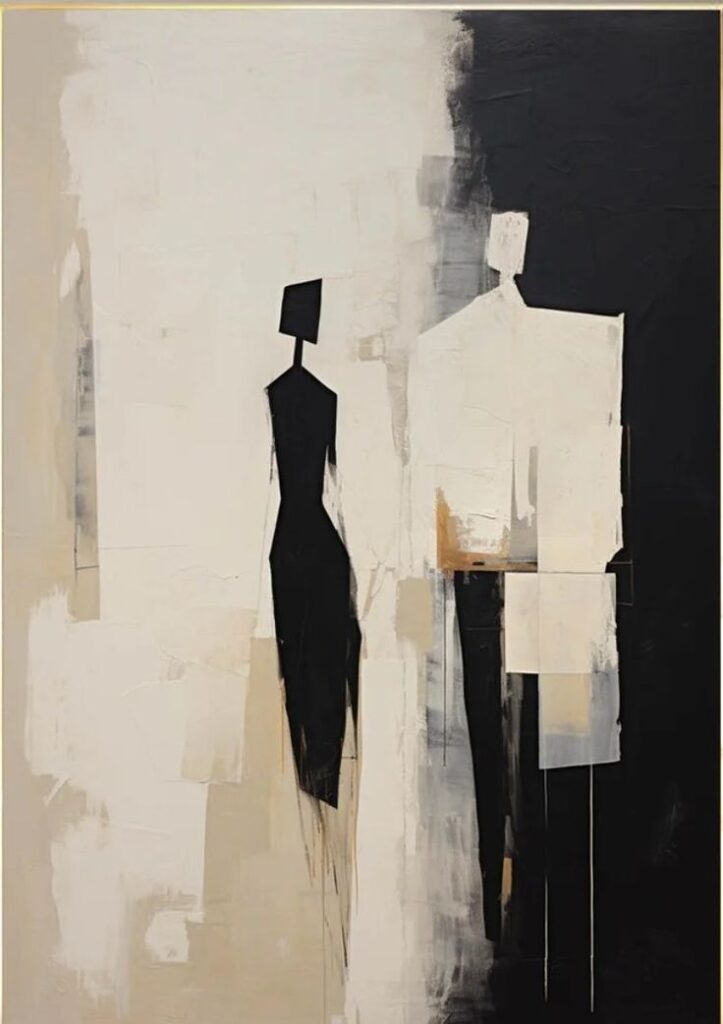 Abstract painting with two stylized figures, one in black and one in white, set against a textured monochrome background.