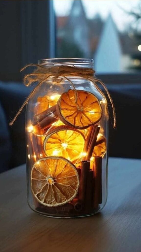 Festive jar decoration with dried orange slices, cinnamon sticks, and warm fairy lights, perfect for cozy home ambiance.