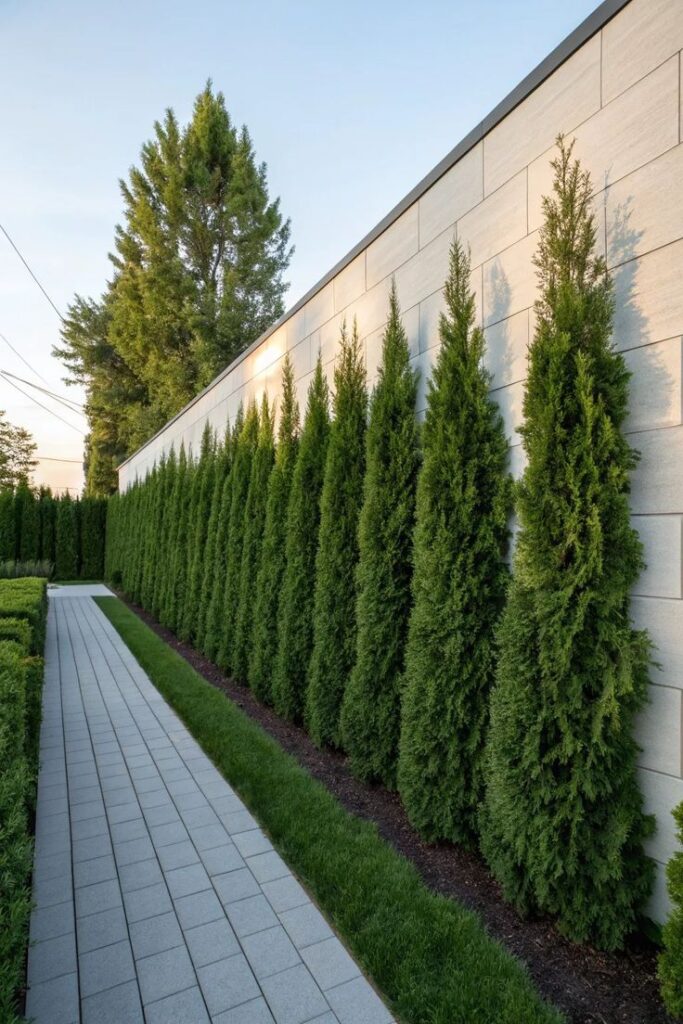 Tall evergreen trees line a modern concrete wall along a paved garden walkway, creating a serene and stylish landscape design.