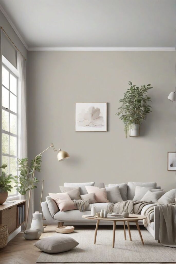 Modern living room with cozy gray sofa, pink cushions, wooden coffee table, and green plants by the window. Relaxing interior design.