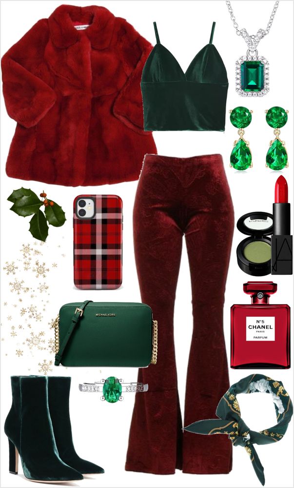 _ 2 Festive fashion ensemble with red faux fur coat, velvet flared pants, green top, accessories, and holiday-themed items. | Sky Rye Design Festive fashion ensemble with red faux fur coat, velvet flared pants, green top, accessories, and holiday-themed items.