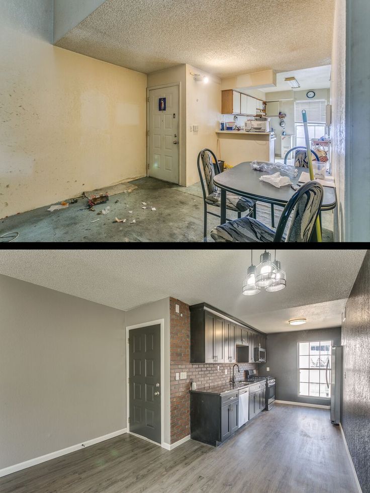 Before and after renovation of a kitchen showcasing dramatic transformation from outdated to modern design.