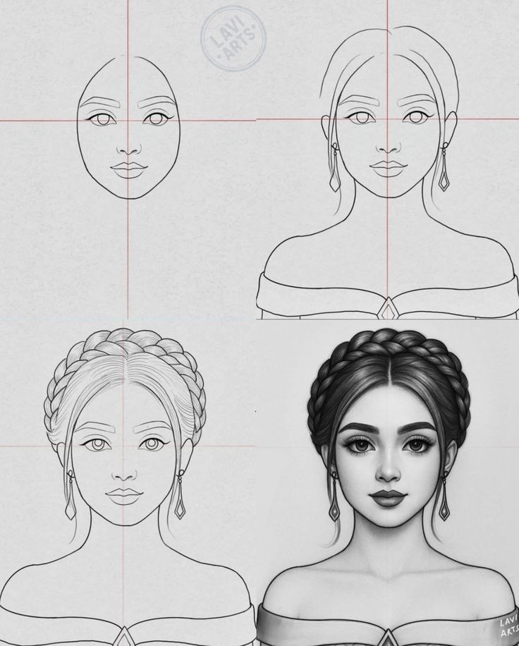 Screenshot Step-by-step guide for drawing a woman's face, featuring sketch progressions and details, including braided hairstyle and jewelry. | Sky Rye Design Step-by-step guide for drawing a woman's face, featuring sketch progressions and details, including braided hairstyle and jewelry.
