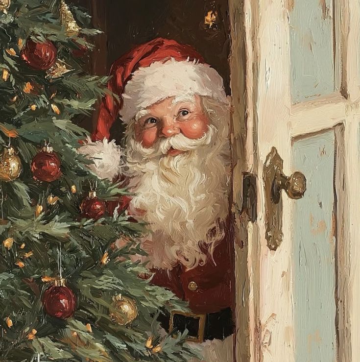 Santa Claus peeks around a door beside a decorated Christmas tree, bringing festive cheer with his iconic red suit and white beard.