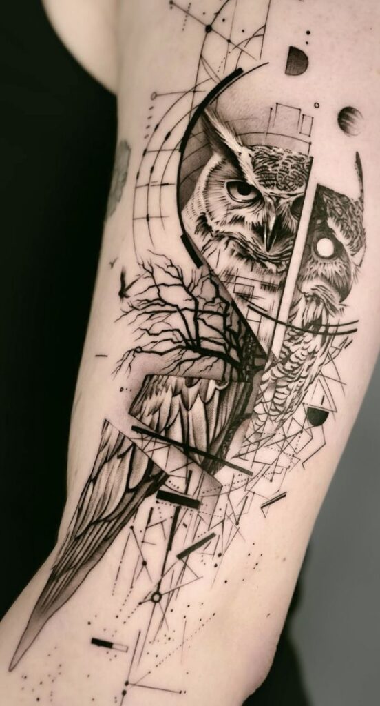 Screenshot Geometric owl tattoo on arm with abstract lines and tree, showcasing modern art style and intricate details. | Sky Rye Design Geometric owl tattoo on arm with abstract lines and tree, showcasing modern art style and intricate details.