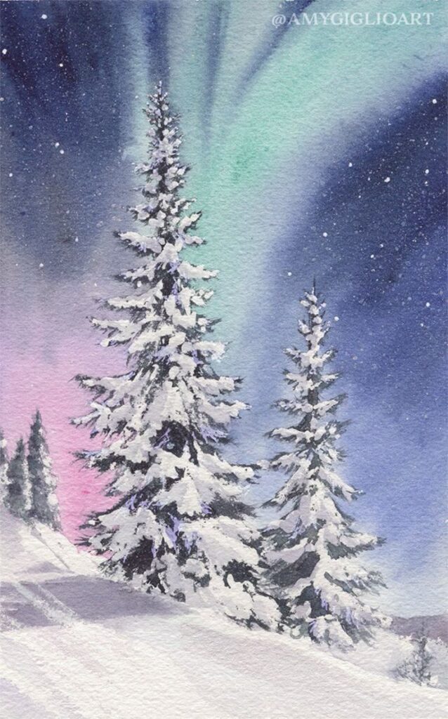 _ 20 Snowy pine trees under vibrant northern lights in a winter landscape painting. | Sky Rye Design Snowy pine trees under vibrant northern lights in a winter landscape painting.