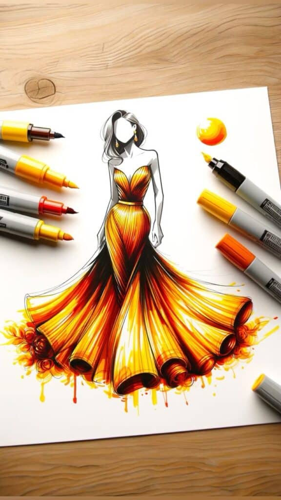 Illustration of a vibrant orange and yellow dress design with markers on a wooden table.