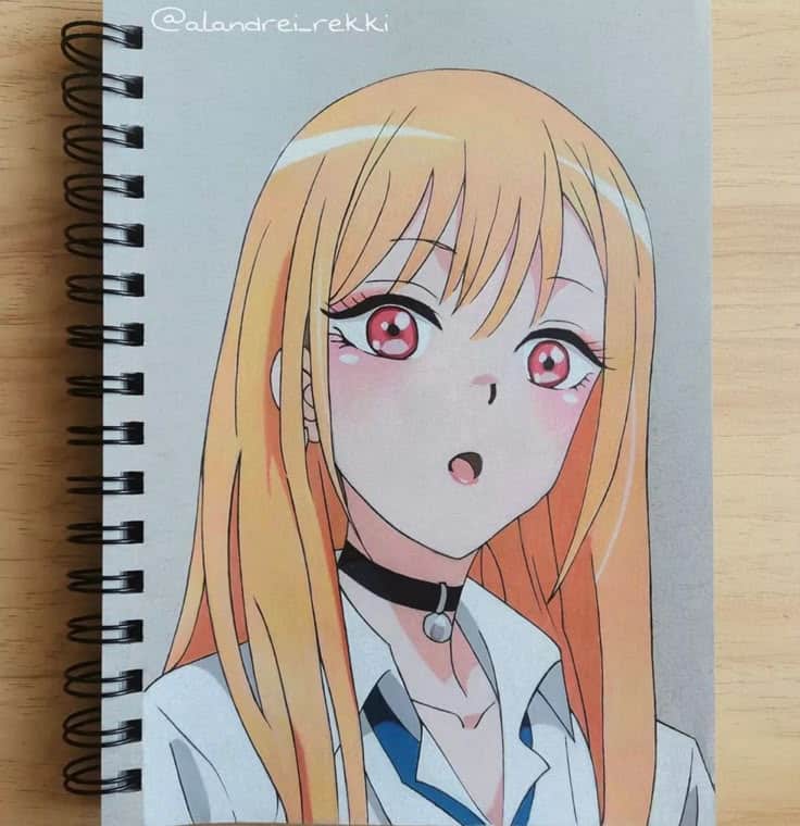 Anime character sketch with blonde hair and red eyes, wearing a choker and white shirt on a spiral notebook.