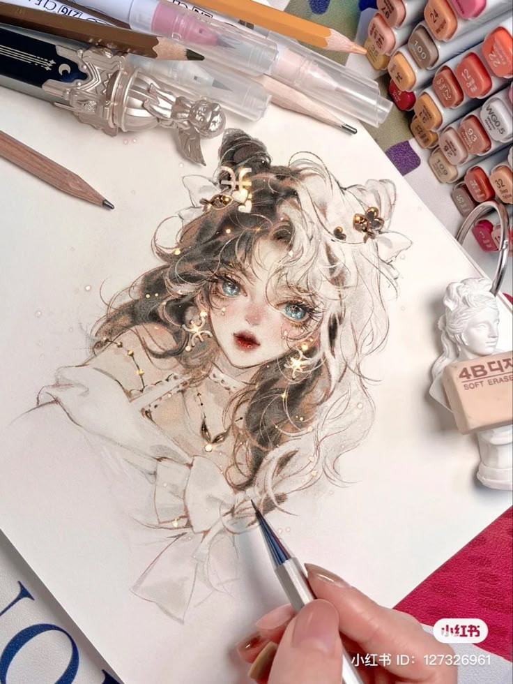 _ 20 Artist sketching a whimsical portrait surrounded by art supplies, including pencils and markers. Detailed eyes and floral accents shine. | Sky Rye Design Artist sketching a whimsical portrait surrounded by art supplies, including pencils and markers. Detailed eyes and floral accents shine.