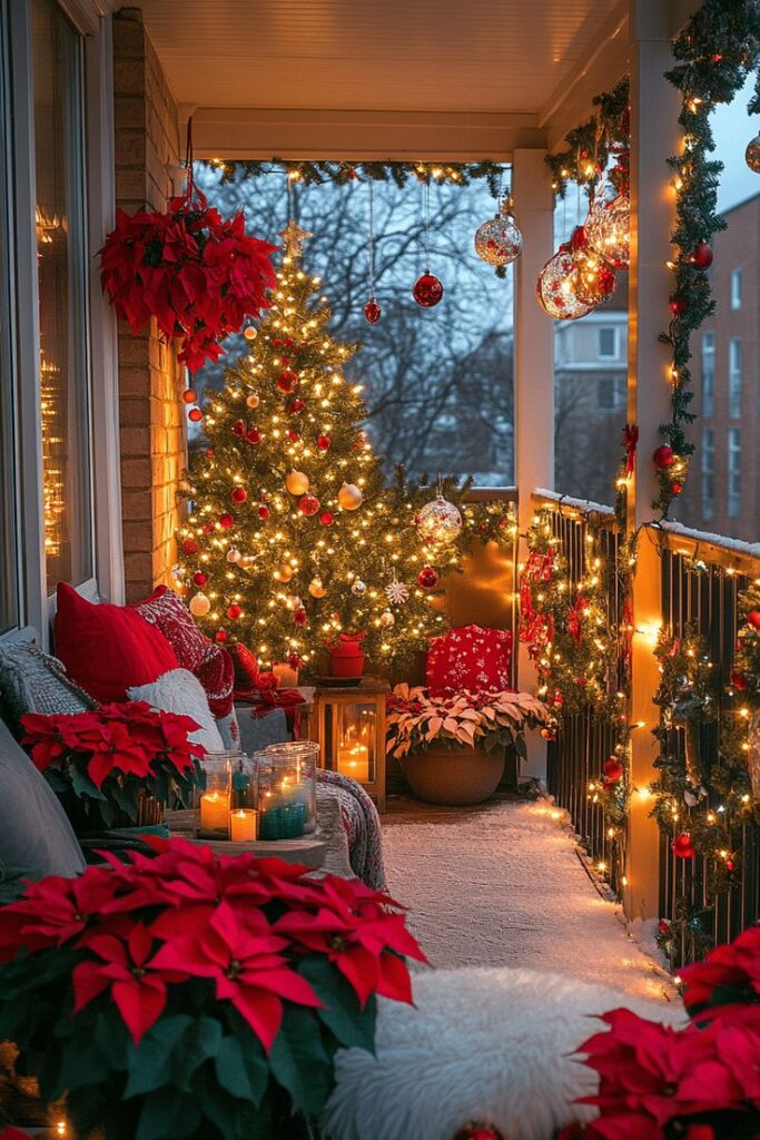 Cozy Christmas balcony with festive decor, lights, red and white ornaments, poinsettias, and a lit tree creating a warm holiday atmosphere.