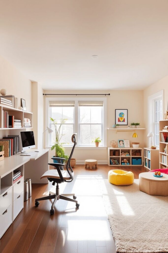 20+ Home Office and Playroom Combo Design Ideas Bright home office with modern desk, ergonomic chair, and cozy decor, bathed in natural light from large windows. | Sky Rye Design Bright home office with modern desk, ergonomic chair, and cozy decor, bathed in natural light from large windows.