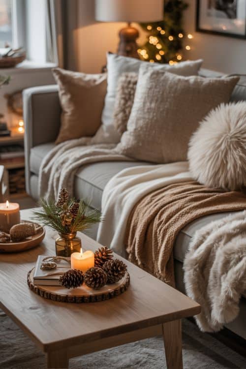 20 Stunning Cozy Winter Decor Ideas to Transform Your Home Cozy living room with a grey sofa, fluffy pillows, warm blankets, candles, and pine cones on a wooden coffee table. | Sky Rye Design Cozy living room with a grey sofa, fluffy pillows, warm blankets, candles, and pine cones on a wooden coffee table.