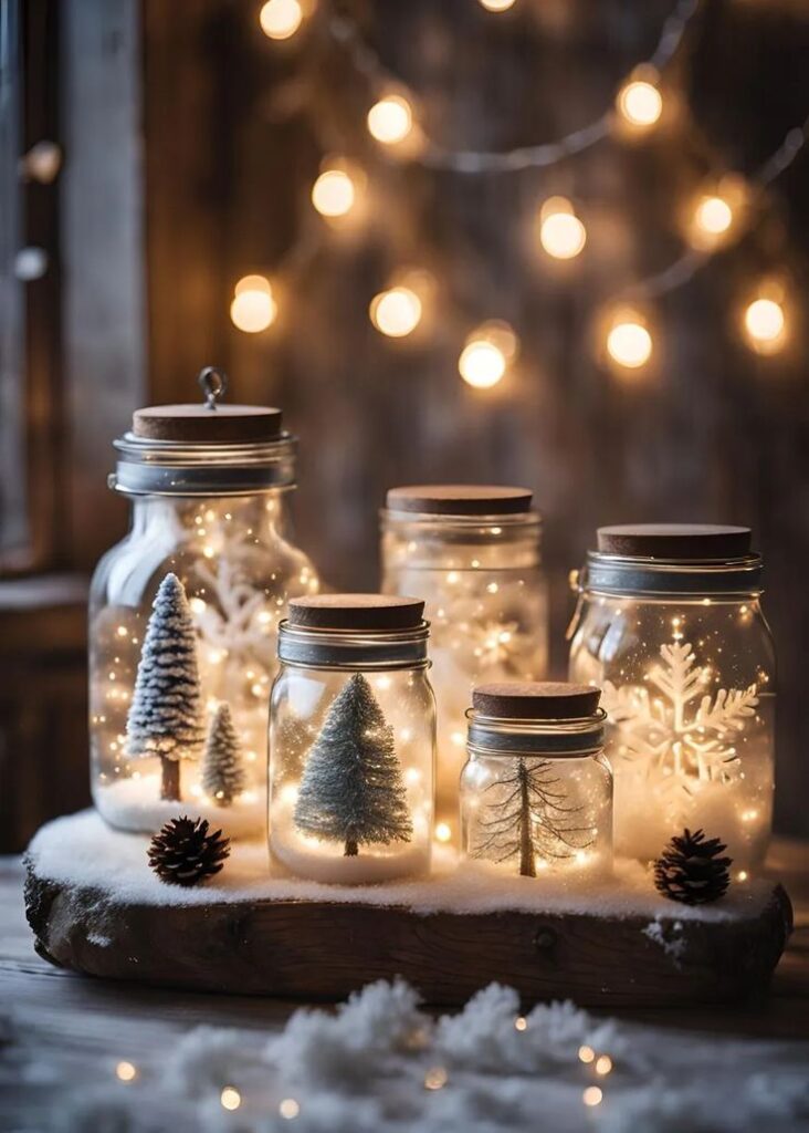 Decorative mason jars with miniature snowy trees and lights, creating a cozy winter ambiance with bokeh string lights in the background.