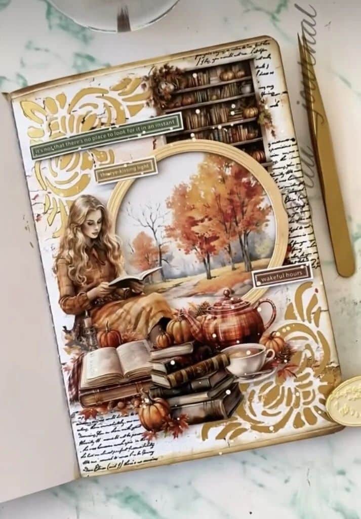 Vintage autumn-themed journal page featuring a woman reading amid books, pumpkins, and tea, with colorful fall trees in the background.
