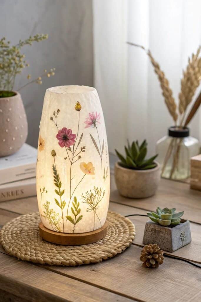 Cozy lamp with pressed flower design on wooden table, surrounded by succulents and a soft natural background, enhancing a rustic ambiance.