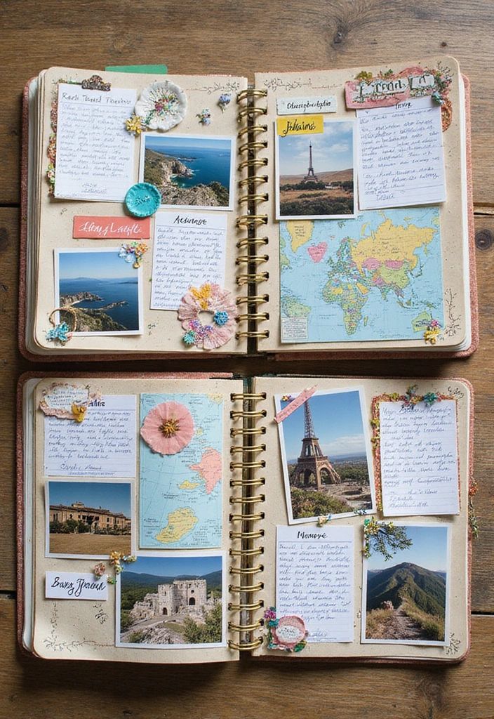 Travel scrapbook with photos, handwritten notes, world maps and flower embellishments, showcasing an artistic travel journal layout.