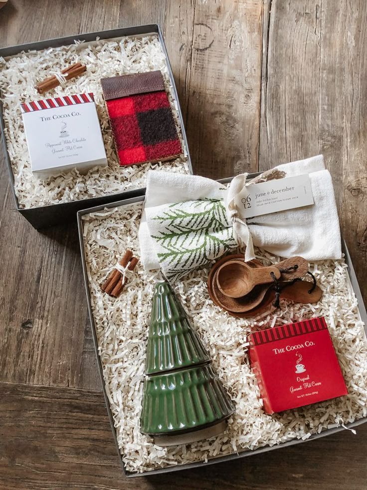 2020 Holiday Gifts Christmas gift boxes with hot cocoa, plaid socks, ceramic tree, spices, and wooden spoons on rustic wood table. | Sky Rye Design Christmas gift boxes with hot cocoa, plaid socks, ceramic tree, spices, and wooden spoons on rustic wood table.
