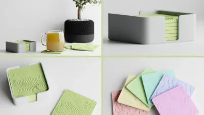 Colorful textured coasters in a box, featuring green, pink, and blue designs. Perfect for adding style to home décor and protecting surfaces.