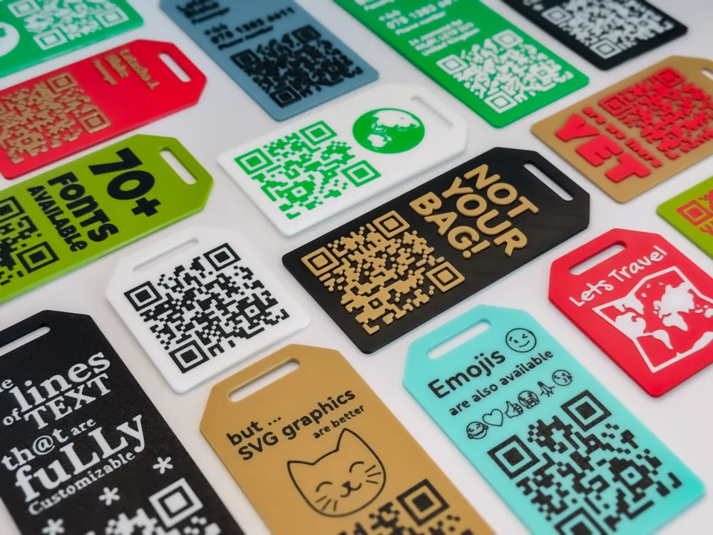 Colorful luggage tags with QR codes and customizable text options, featuring travel and personalization themes.