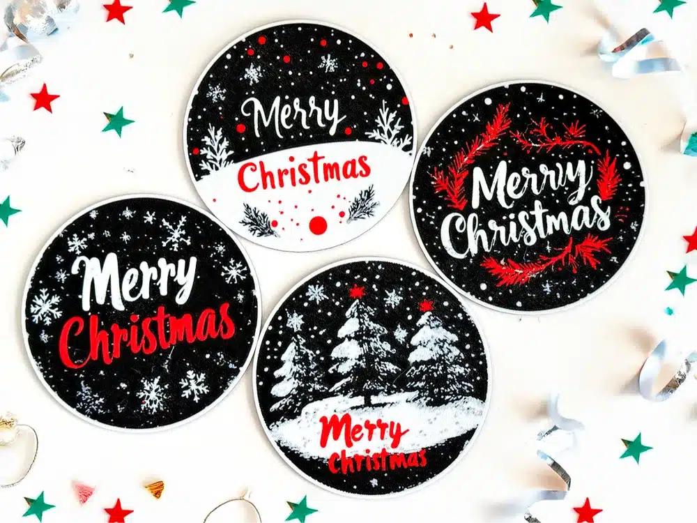 2024-11-18_c9681468418a1 Round Christmas-themed coasters with Merry Christmas in white and red text, surrounded by festive designs and stars on a white background. | Sky Rye Design Round Christmas-themed coasters with Merry Christmas in white and red text, surrounded by festive designs and stars on a white background.