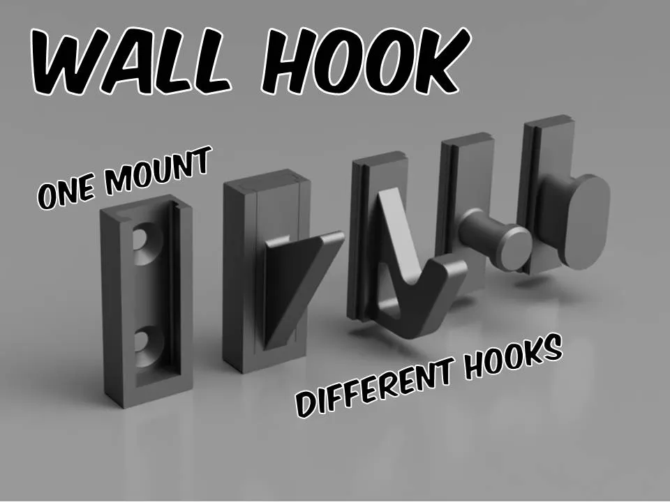 Various wall hooks with one mount displayed in a row, showing different designs and attachments for versatile home use.