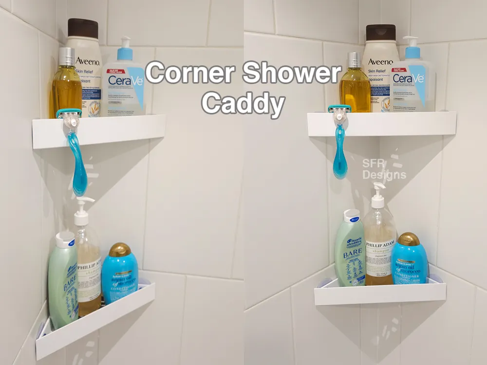 Corner shower caddy with assorted toiletries, including shampoo, body wash, and a razor, organized neatly on white shelves.