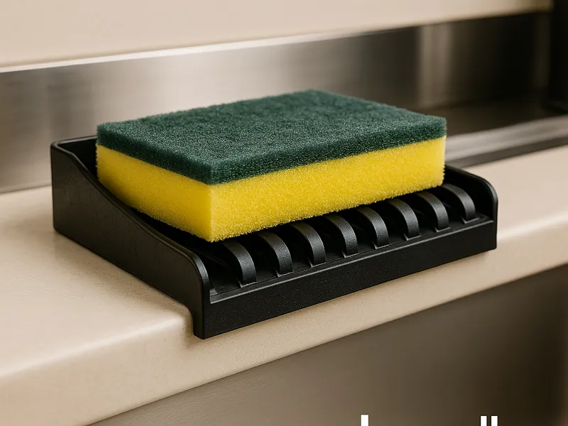 Yellow and green kitchen sponge resting on a black holder near a sink, ideal for efficient dishwashing and kitchen organization.