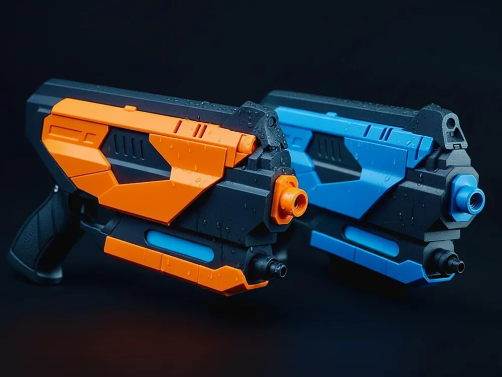 Two colorful water blasters, orange and blue, shown on a dark background. Perfect gear for fun outdoor water battles.