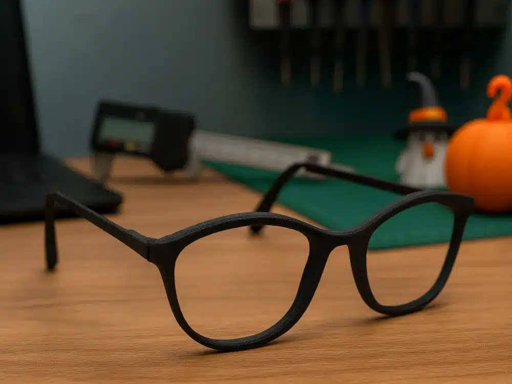 Black eyeglasses on a wooden desk with a blurred background, featuring a digital caliper and pumpkin decoration for a cozy workspace vibe.