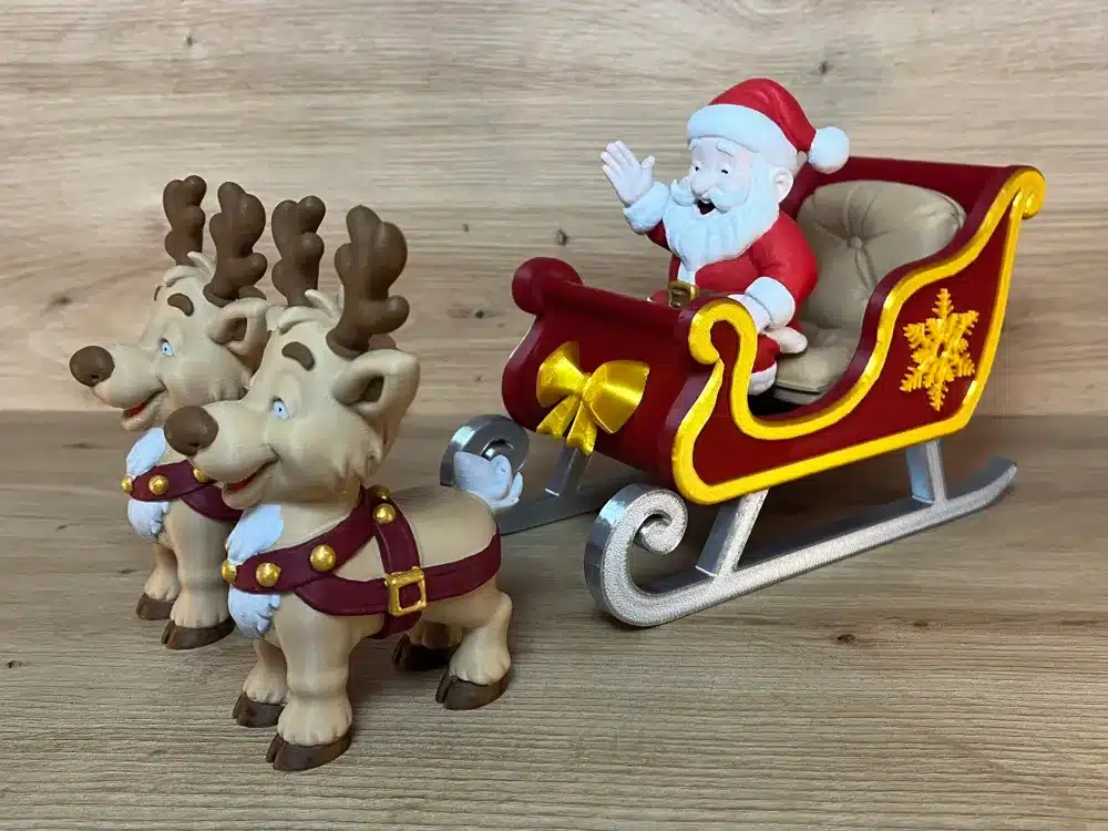 2025-10-27_abb811f87a8798 Santa figure waves from a red sleigh with reindeer on wooden background, holiday decoration theme. | Sky Rye Design Santa figure waves from a red sleigh with reindeer on wooden background, holiday decoration theme.