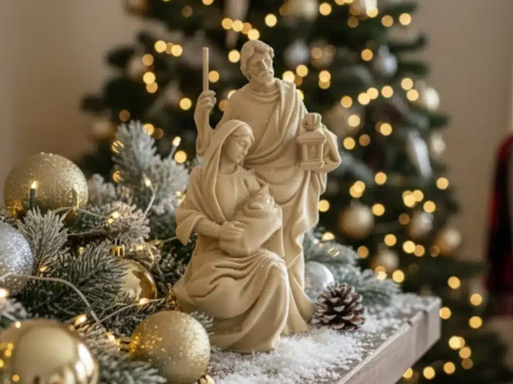 2025-10-31_409a50f12063e8 Nativity scene with Mary, Joseph, and baby Jesus, surrounded by festive Christmas decorations and a lit tree in the background. | Sky Rye Design Nativity scene with Mary, Joseph, and baby Jesus, surrounded by festive Christmas decorations and a lit tree in the background.