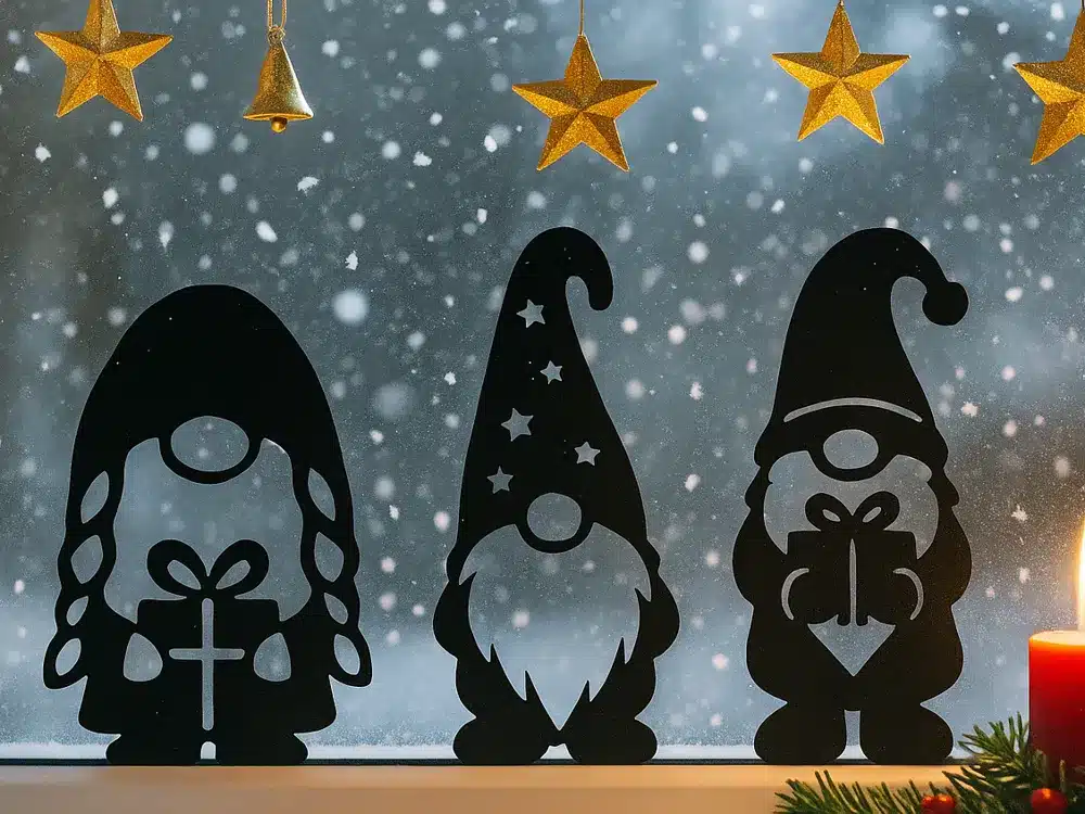 2025-11-03_39d23a2e3f63b Silhouette of three gnomes holding gifts against a snowy window, with stars and a candle, creating a festive holiday atmosphere. | Sky Rye Design Silhouette of three gnomes holding gifts against a snowy window, with stars and a candle, creating a festive holiday atmosphere.