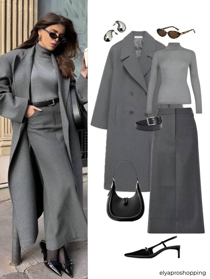 Woman in chic gray outfit with a long coat, turtleneck, and skirt. Accessories: black handbag, sunglasses, earrings, and pointed shoes.