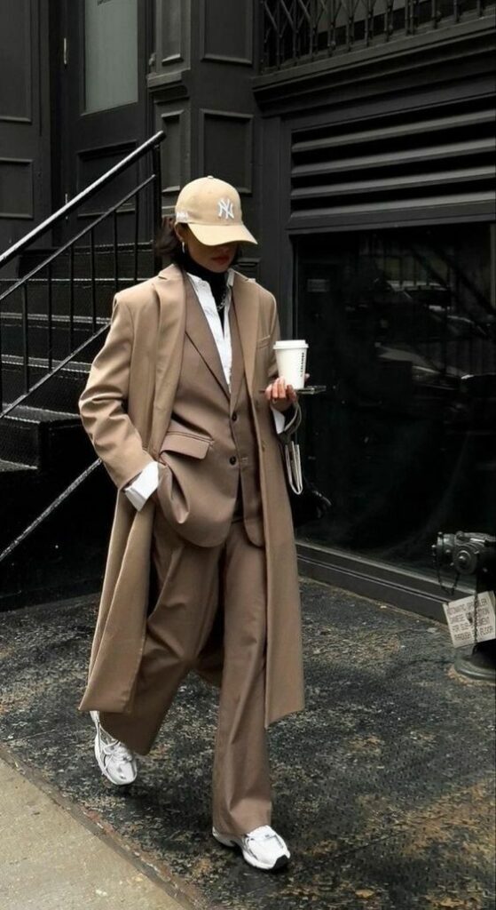 Stylish person in a tan suit and coat, wearing a cap, walking with a coffee cup on a street. Fashionable urban outfit vibes.