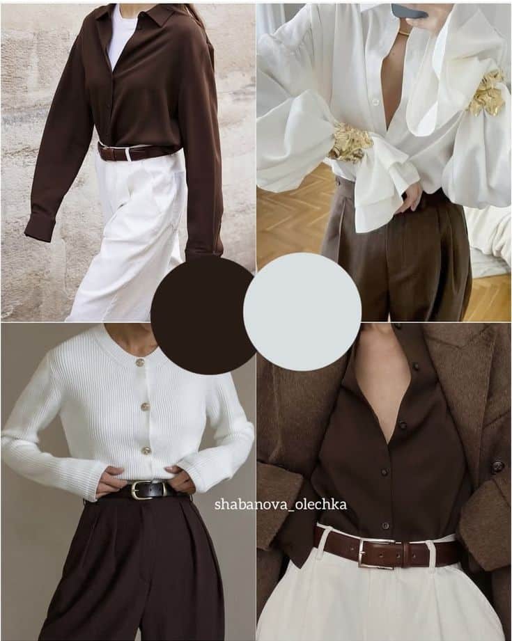 Fashion collage featuring stylish brown and white outfits, highlighting chic blouses and trousers with matching belts for a modern look.
