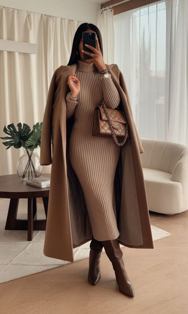 Stylish woman in a ribbed knit dress and overcoat, posing with a tan handbag and brown boots in a modern living room.