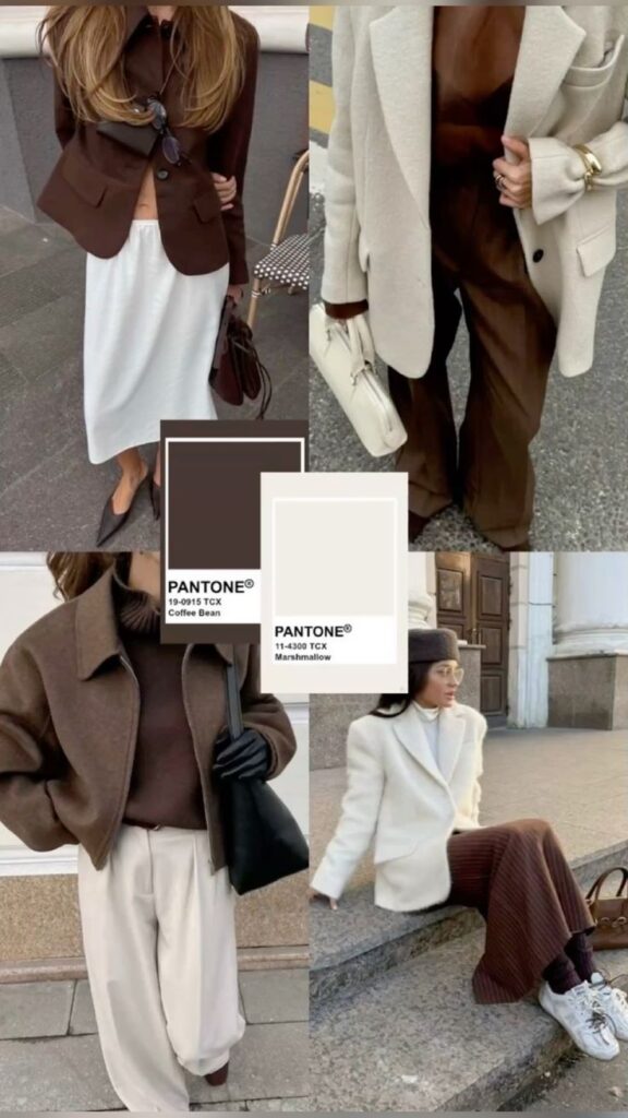 Four stylish outfits featuring coffee bean and marshmallow tones, showcasing jackets, trousers, and skirts with chic accessories.
