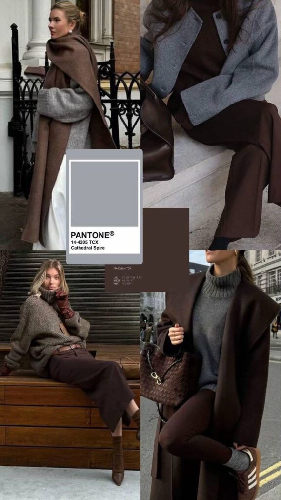 Fashionable women wearing cozy fall outfits in brown and gray tones, inspired by Pantone's Cathedral Spire color palette.