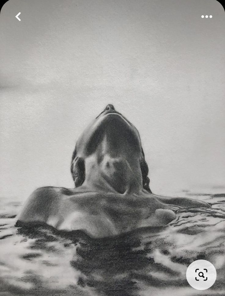 Monochrome drawing of a person emerging from water, head tilted back. Realistic shading creates a serene and contemplative atmosphere.