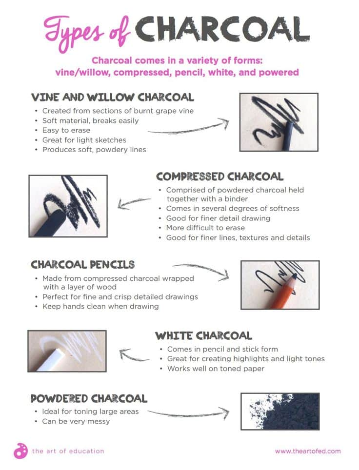 Infographic: Types of Charcoal - Vine and Willow, Compressed, Pencil, White, Powdered. Features, uses, and images of each type.