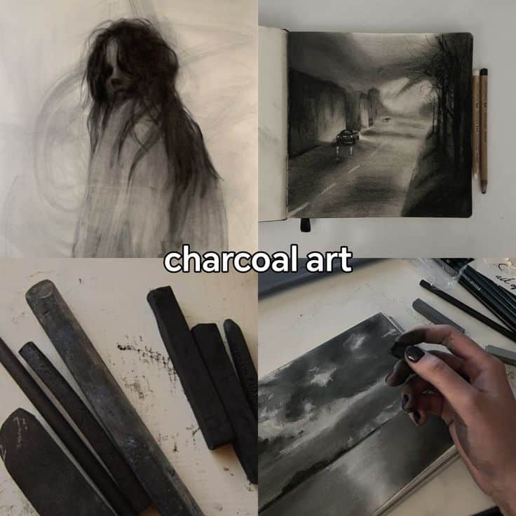 Charcoal art collage showcasing sketches and tools, featuring landscape and portrait drawings with charcoal sticks and pencils.