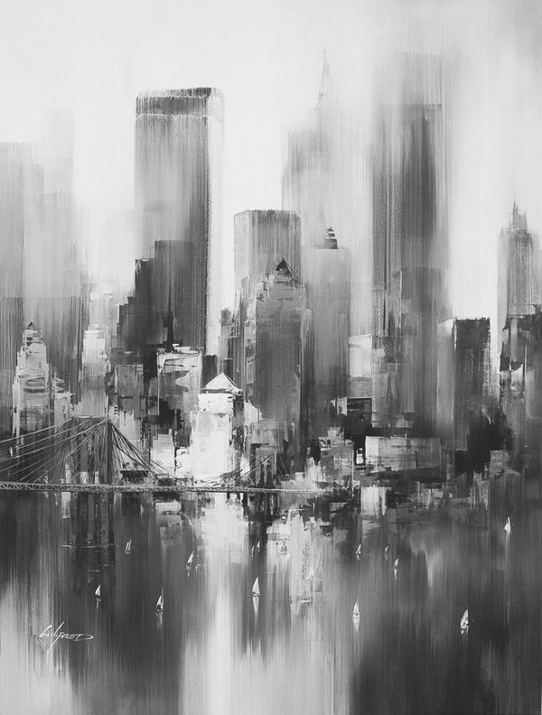 Abstract black and white painting of a city skyline with tall buildings and a bridge reflecting on the water.