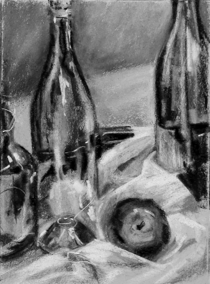 Charcoal still life of glass bottles and an apple on a draped cloth. Monochrome artwork highlighting light and shadow contrasts.
