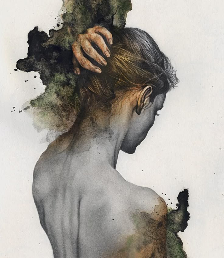 Watercolor art of a woman with her back turned, hand resting on her head, blending into abstract dark splotches, highlighting introspection.