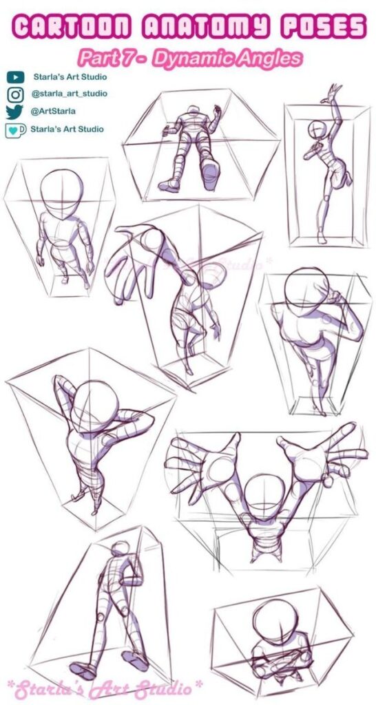 Dynamic cartoon anatomy poses in 3D space, showcasing various angles and perspectives for artists. Part 7 of Starla’s Art Studio tutorial.