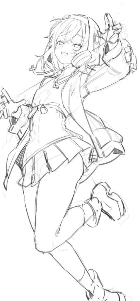 Sketch of cheerful anime girl with headphones, wearing a skirt and jacket, striking a dynamic pose, hand pointing upwards.