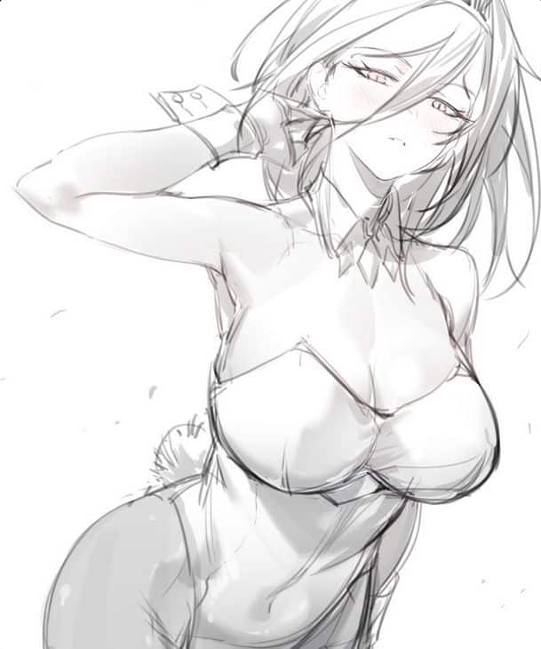 Anime-style sketch of a woman in a playful bunny outfit, striking a confident pose with a sultry expression and tousled hair.